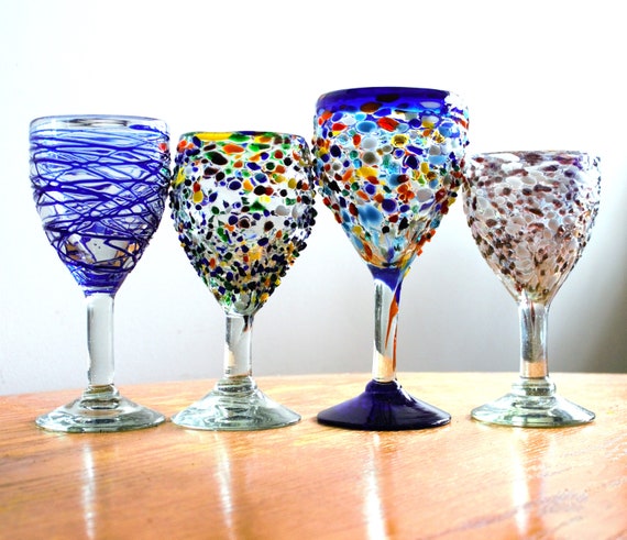 4 Fused Wine Glasses, Mexican Confetti Glass, One of a Kind 