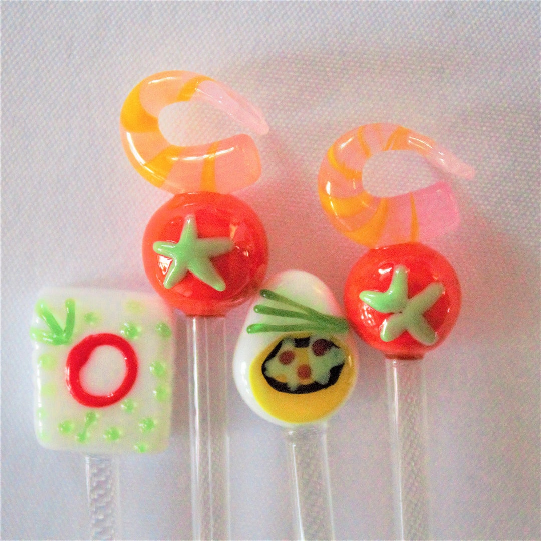 Glass Stir Stick Set, 4 Sushi Shaped Glass Stirring Sticks, Vintage