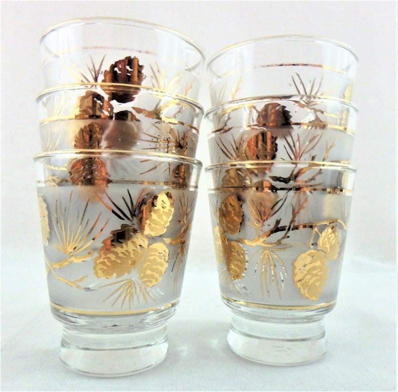 Gold Juice Glass 6 Gold Embossed Pine Cone Low Ball Glasses Etsy