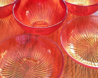Vintage Orange Yellow Swirl Glass Bowl Set, Starburst Dessert Bowls, 6 Unique Dessert Bowls