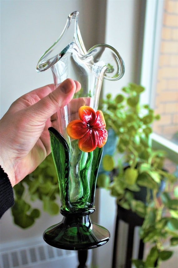 VINTAGE HAND BLOWN ART GLASS FLOWER MURANO STYLE LONG STEM 18” Green Set 2