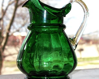 Green Pitcher, Handblown Green Glass Pitcher, Handmade Pitcher, Italian Glass Water Pitcher, Blown Glass, Vintage Green Glass Water Pitcher