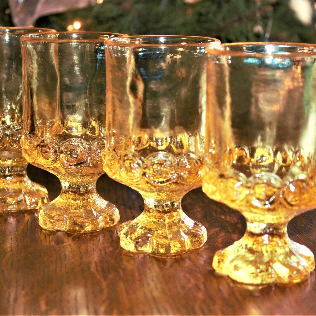 Vintage Yellow Tumblers, 4 Vintage Glass Footed Tumblers, Unique