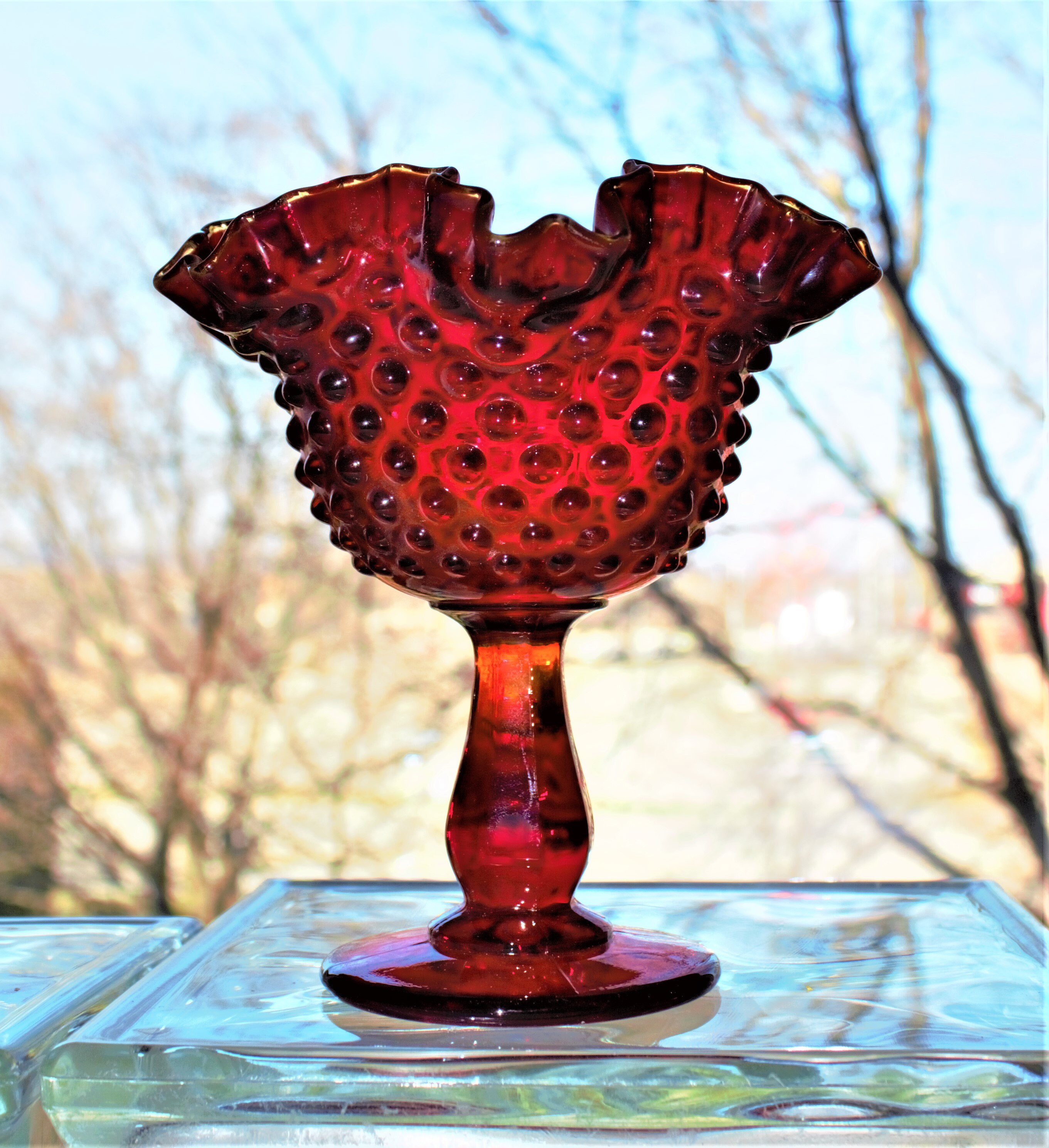 Red Glass Fruit Bowl Red Fenton Glass Centerpiece Red Glass Etsy
