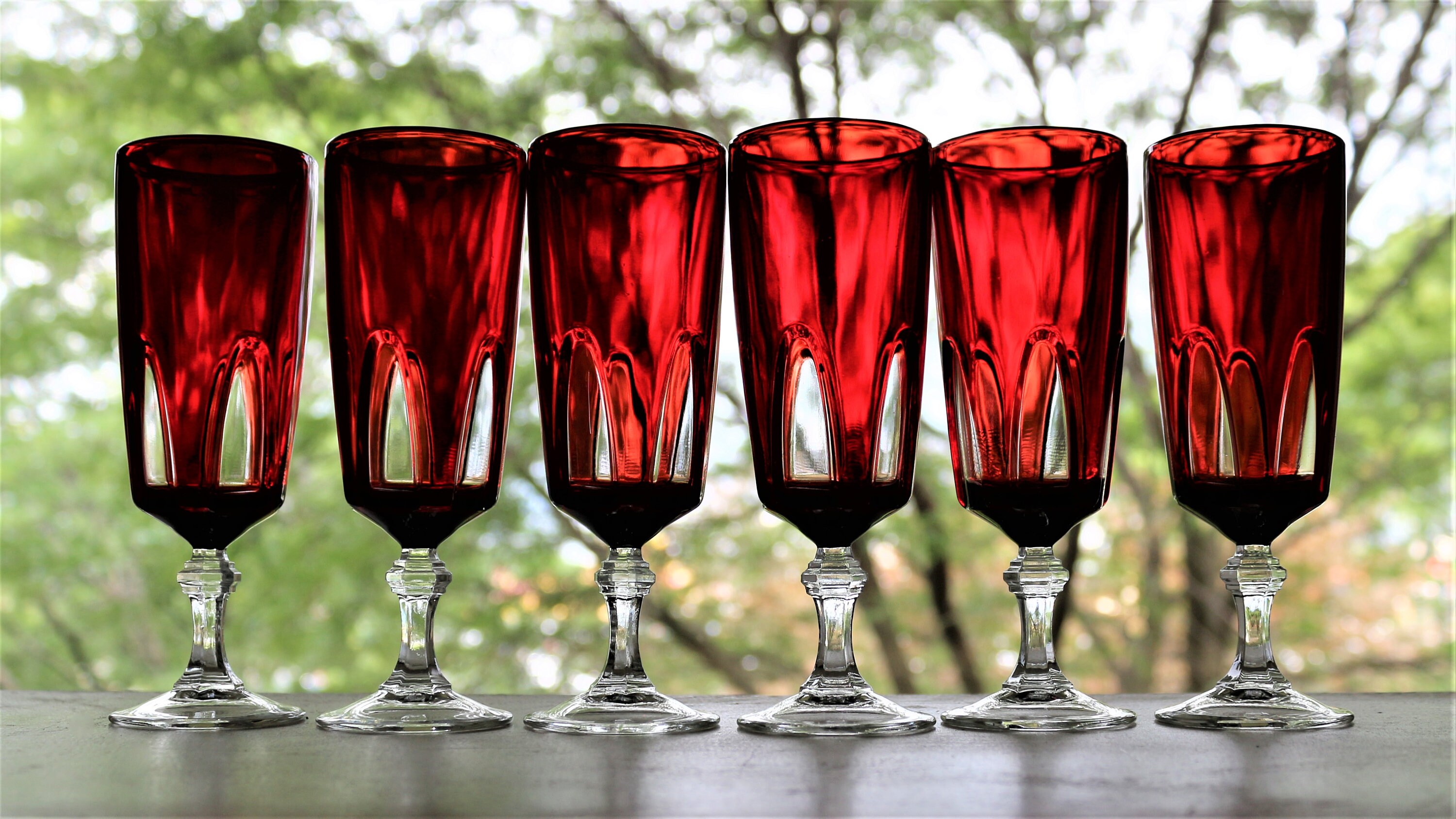 Vintage Flute Set, 6pc Red Crystal Champagne Glasses, Red