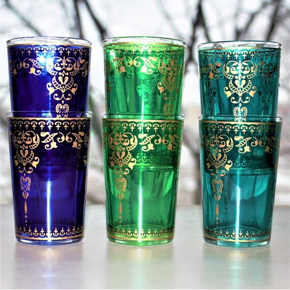 Vintage Juice Glasses 4 Blue and Gold Vintage Glass Set 4 Etsy