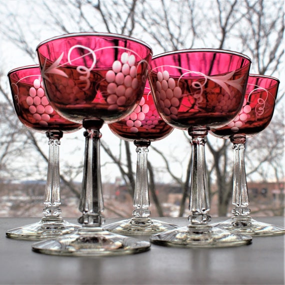 Vintage Red Glassware, 6 Etched Red Wine Glass Set, Mid Century