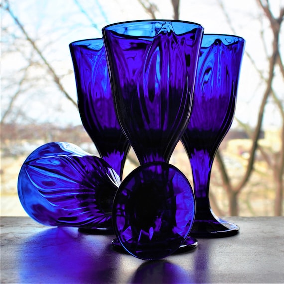 お待たせ! Cobalt Blue Goblets, 4 Blue Wine Glasses, Blue Wine Goblet 工芸品