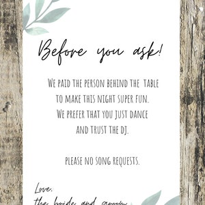 Wedding Sign Reception Sign No Requests DJ Sign Printable WeddingSign Minimalist Minimal Greenery Sign
