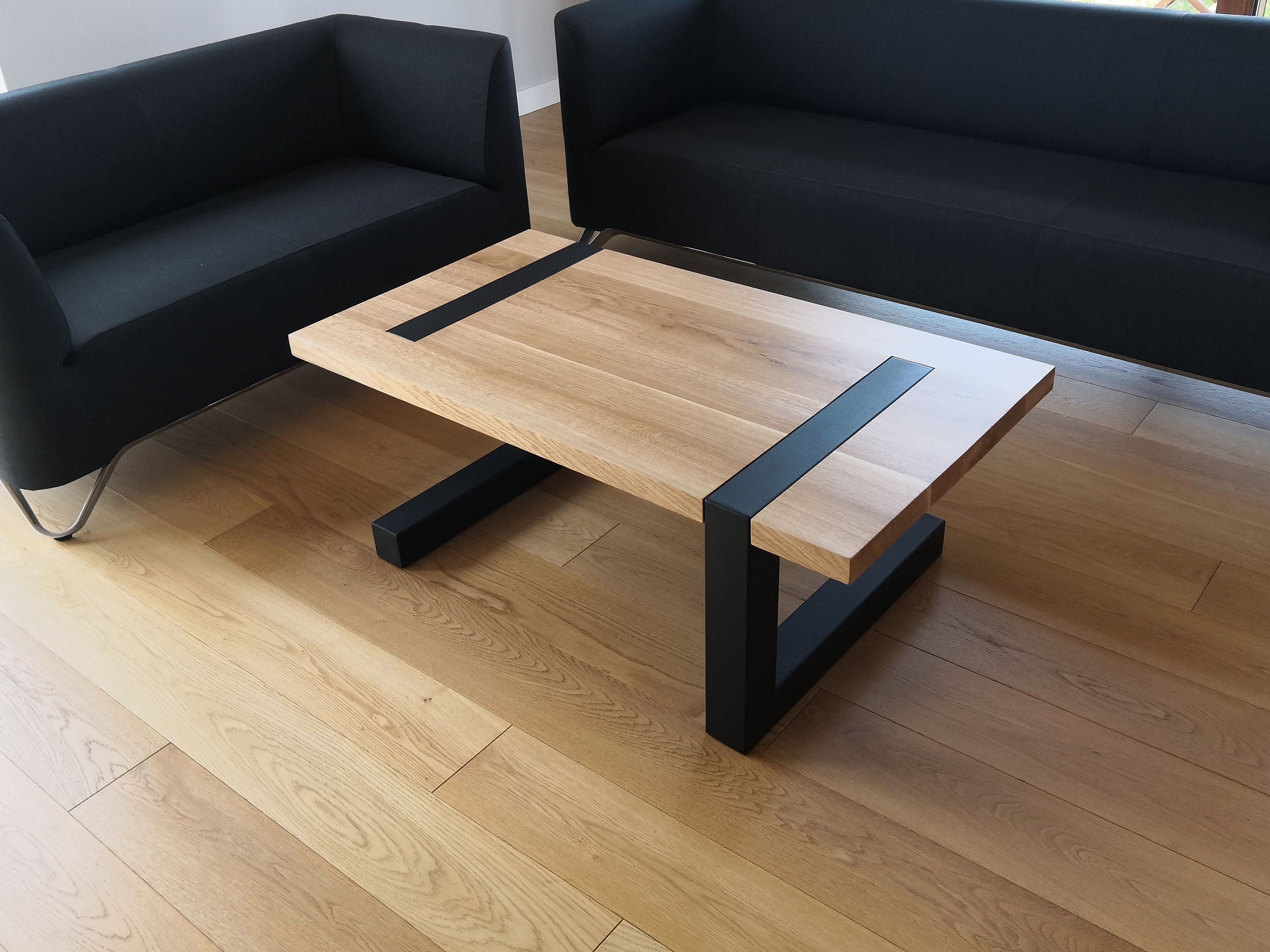 Oak Wood Coffee Table on Steel Base // Handmade Möbel Stahl Holz