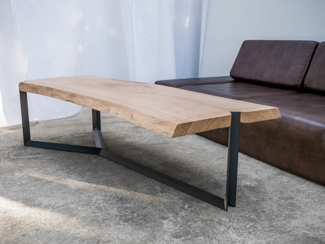 One of a Kind Oak Wood Coffee Table on Steel Base // Handmade and