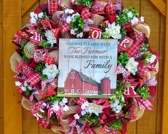 Farmhouse Wreath, Red Farm Wreath, Farm Wreath,  Farmer Family Wreath, Farmhouse Decor, Country Door Hanger, Buffalo Check Wreath, Rustic