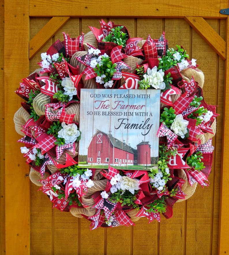 Farmhouse Wreath, Red Farm Wreath, Farm Wreath, Farmer Family Wreath