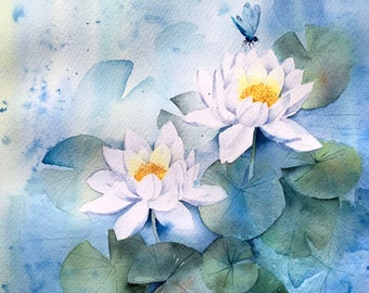 Instant download print at home watercolour tutorial step by step  waterlilies painting art gift