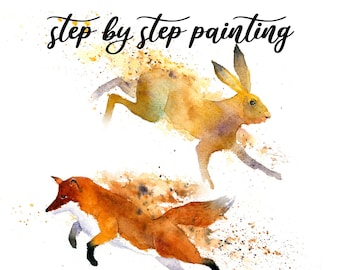 Instant download print at home step by step watercolour painting tutorial "Foxes and Hares" art gift