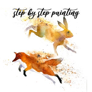 Instant download print at home step by step watercolour painting tutorial "Foxes and Hares" art gift