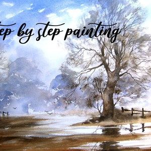 May include: A watercolour painting of a misty woodland scene with a small pond in the foreground. The painting features a large tree in the centre, with smaller trees and bushes surrounding it. The sky is a light blue with wispy clouds. The text "step by step painting" is written in black cursive at the top of the image.