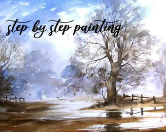 Instant download print at home step by step watercolour painting tutorial art gift Flooded Fields