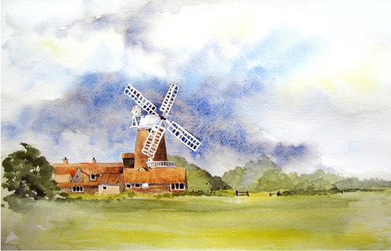 Norfolk Windmill Watercolor Tutorial, Landscape Painting (PDF Pattern)