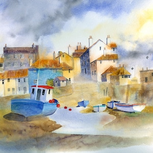 May include: A watercolor painting of a small harbor town with several boats docked in the water. The boats are blue, white, and red. The buildings are a mix of yellow, blue, and gray. The sky is cloudy and the water is calm.