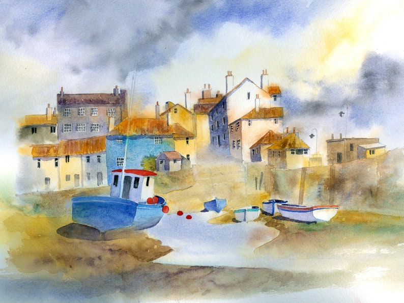 May include: A watercolor painting of a small harbor town with several boats docked in the water. The boats are blue, white, and red. The buildings are a mix of yellow, blue, and gray. The sky is cloudy and the water is calm.