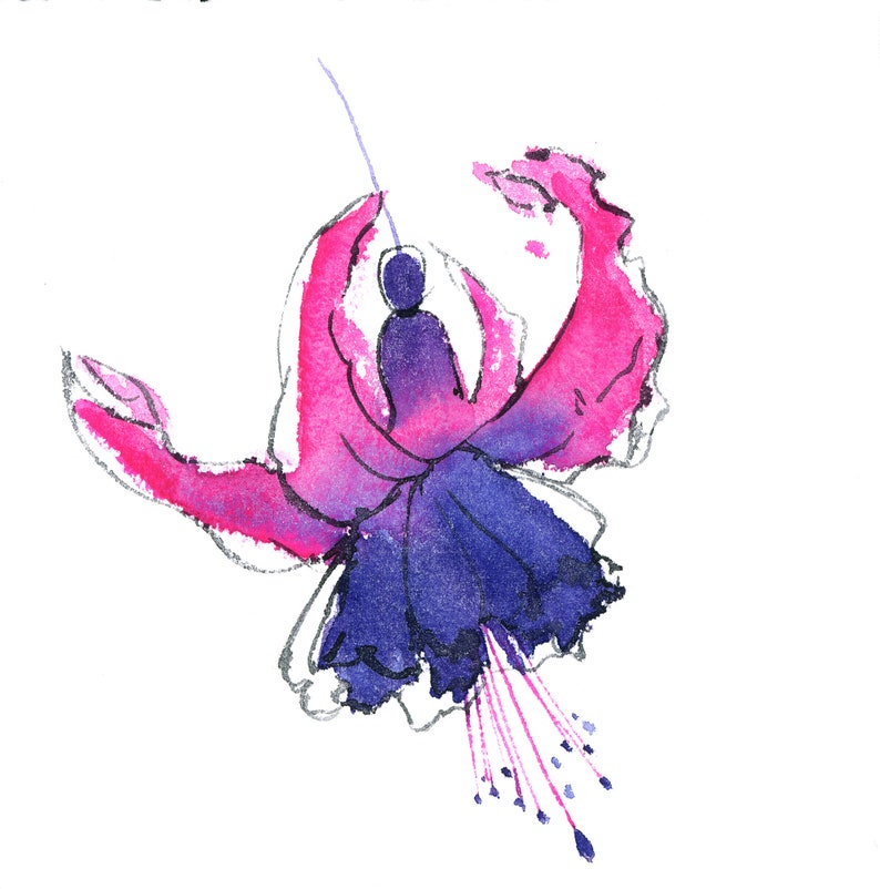 May include: Watercolor painting of a fuchsia flower with pink and purple petals. The flower is depicted in a stylized, abstract manner, with delicate lines and washes of color.