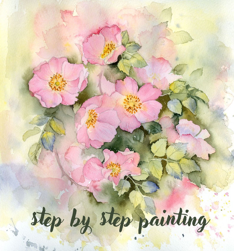 Puede incluir: Pintura acuarela de flores rosas con hojas verdes y un fondo amarillo claro. El texto "step by step painting" est&aacute; en la parte inferior de la imagen.
