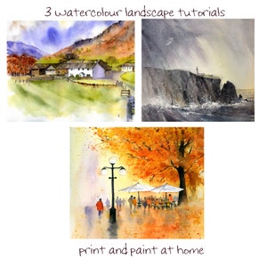 May include: Three watercolor landscape painting tutorials. The first painting shows a village with a stone building and green hills. The second painting shows a rocky cliff with a lighthouse and crashing waves. The third painting shows a street scene with a tree with orange leaves, a street lamp, and people walking.
