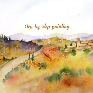 Instant download printable step by step watercolour painting tutorial Tuscan Landscape art gift