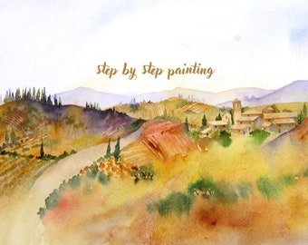 Instant download printable step by step watercolour painting tutorial Tuscan Landscape art gift