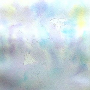 May include: A watercolor painting of a flower with a light blue, purple, and yellow background.