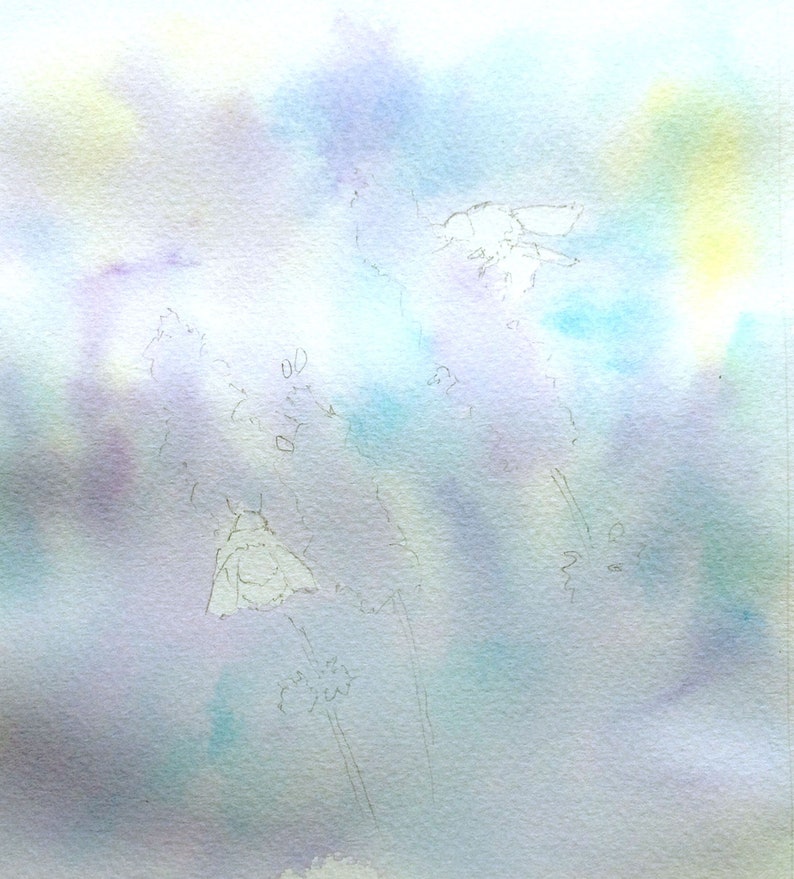 May include: A watercolor painting of a flower with a light blue, purple, and yellow background.