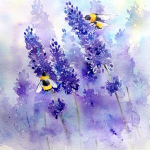 May include: Watercolor painting of purple lavender flowers with two bumblebees. The bees are yellow and black with brown wings. The background is a soft, light purple.