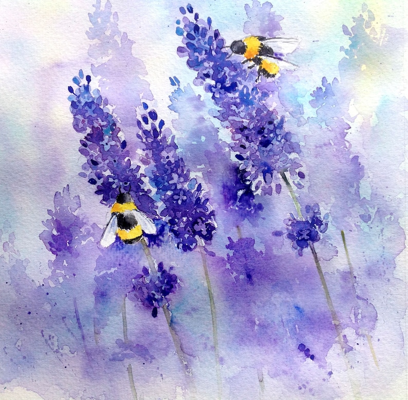 May include: Watercolor painting of purple lavender flowers with two bumblebees. The bees are yellow and black with brown wings. The background is a soft, light purple.