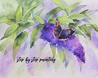 Instant download print at home step by step watercolour painting tutorial Butterfly and Buddleia art gift
