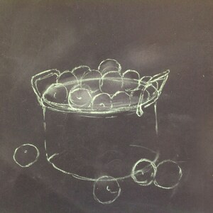 Pu&ograve; includere: Un disegno a gesso bianco di una pentola piena di oggetti rotondi, forse frutta o verdura, su una lavagna nera. Ci sono anche diversi oggetti rotondi pi&ugrave; piccoli sparsi intorno alla pentola.