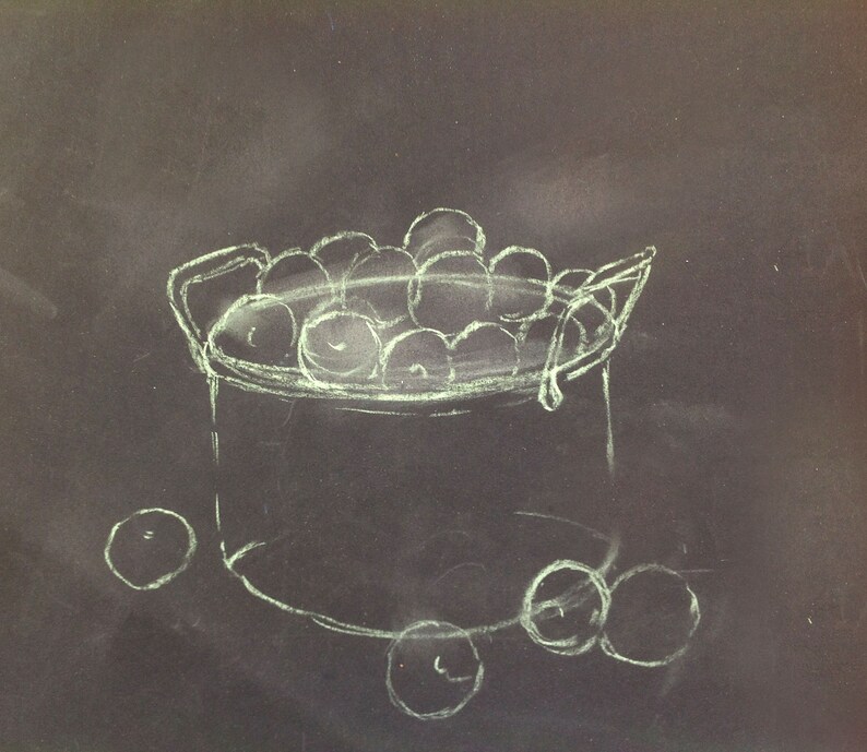 Pu&ograve; includere: Un disegno a gesso bianco di una pentola piena di oggetti rotondi, forse frutta o verdura, su una lavagna nera. Ci sono anche diversi oggetti rotondi pi&ugrave; piccoli sparsi intorno alla pentola.
