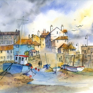 May include: Watercolor painting of a harbor scene with several boats docked in a narrow channel. The boats are blue and white, and the buildings in the background are a mix of yellow, brown, and gray. The sky is cloudy and the water is calm.