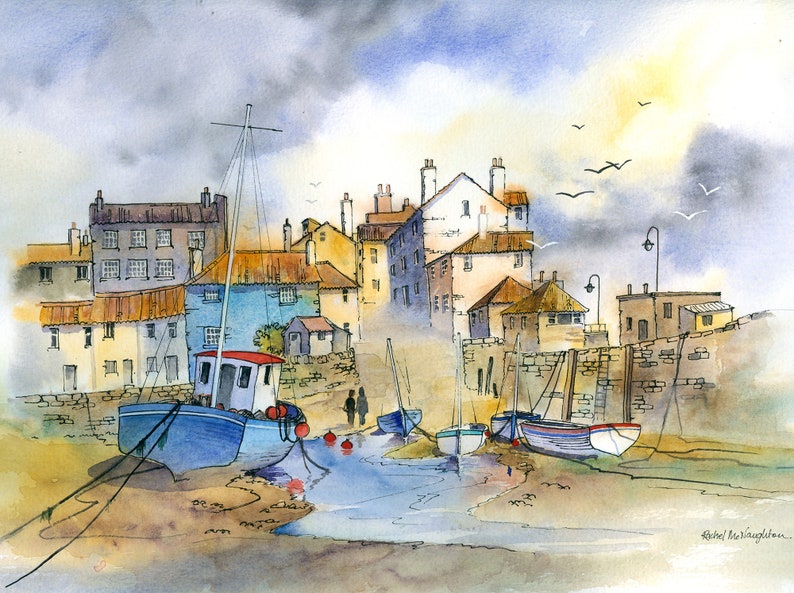 May include: Watercolor painting of a harbor scene with several boats docked in a narrow channel. The boats are blue and white, and the buildings in the background are a mix of yellow, brown, and gray. The sky is cloudy and the water is calm.