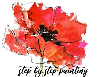 Instant download printable watercolour painting tutorial Colour and Line Flowers art gift