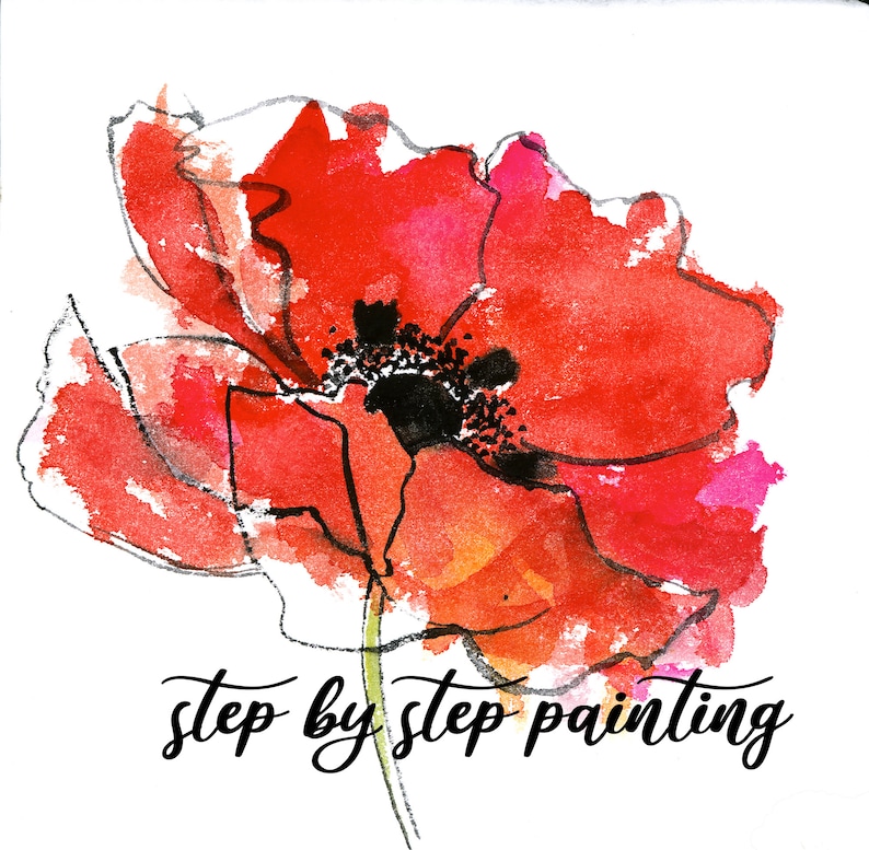 May include: Watercolor painting of a red poppy flower with a black center. The painting has the text "step by step painting" at the bottom.