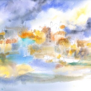 May include: A watercolor painting of a small town with houses and boats in a harbor. The sky is cloudy and the water is calm. The painting is done in shades of blue, gray, and yellow.