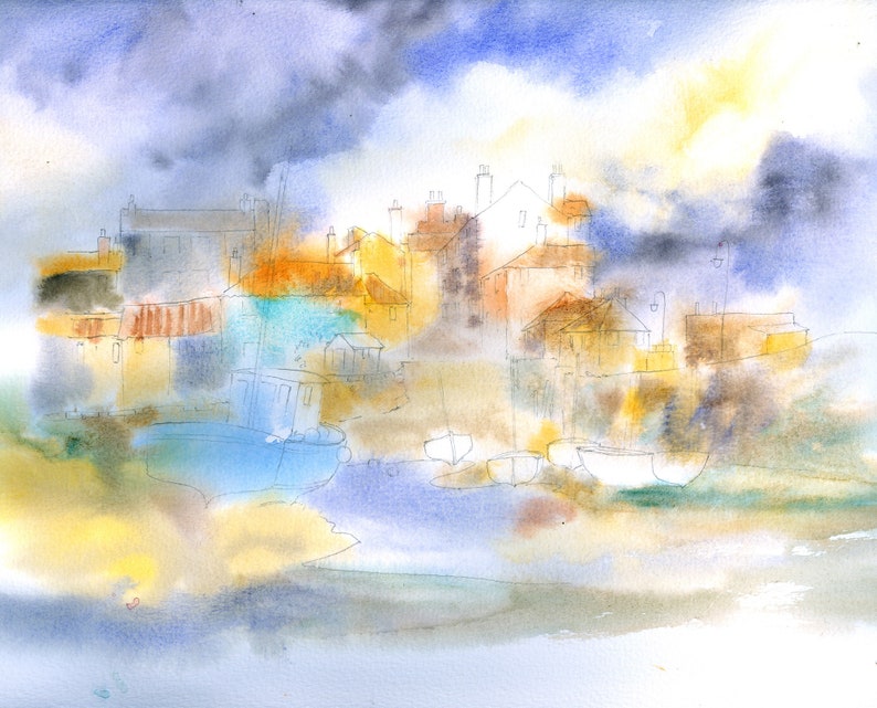 May include: A watercolor painting of a small town with houses and boats in a harbor. The sky is cloudy and the water is calm. The painting is done in shades of blue, gray, and yellow.