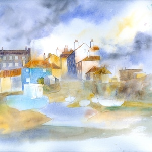 May include: A watercolor painting of a small harbor town with houses and boats. The sky is cloudy and the water is calm. The painting is done in soft, muted colors.