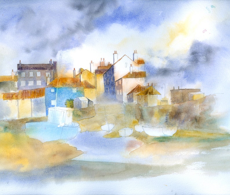 May include: A watercolor painting of a small harbor town with houses and boats. The sky is cloudy and the water is calm. The painting is done in soft, muted colors.