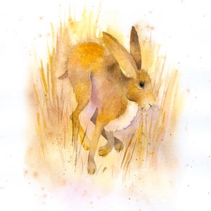 Könnte beinhalten: Aquarellmalerei eines laufenden Hasen in Braun- und Goldtönen. Der Hase ist im Laufschritt dargestellt, mit langen Ohren und einem konzentrierten Ausdruck. Der Hintergrund zeigt stilisiertes Gras und eine weiche Aquarellwäsche.