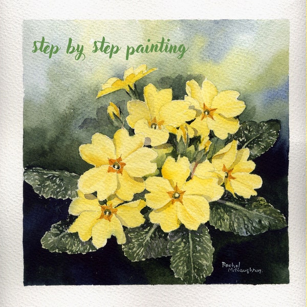 Instant download print at Home step by step watercolour painting tutorial art gift Primroses