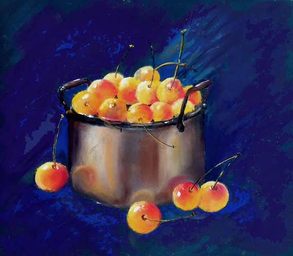 Instant print at home pastel painting project Cherries in a Copper Pan art gift
