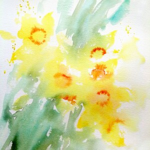 May include: Abstract watercolour painting of yellow daffodils with green foliage in the background.