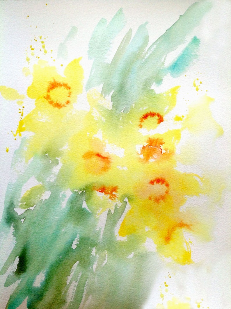 May include: Abstract watercolour painting of yellow daffodils with green foliage in the background.